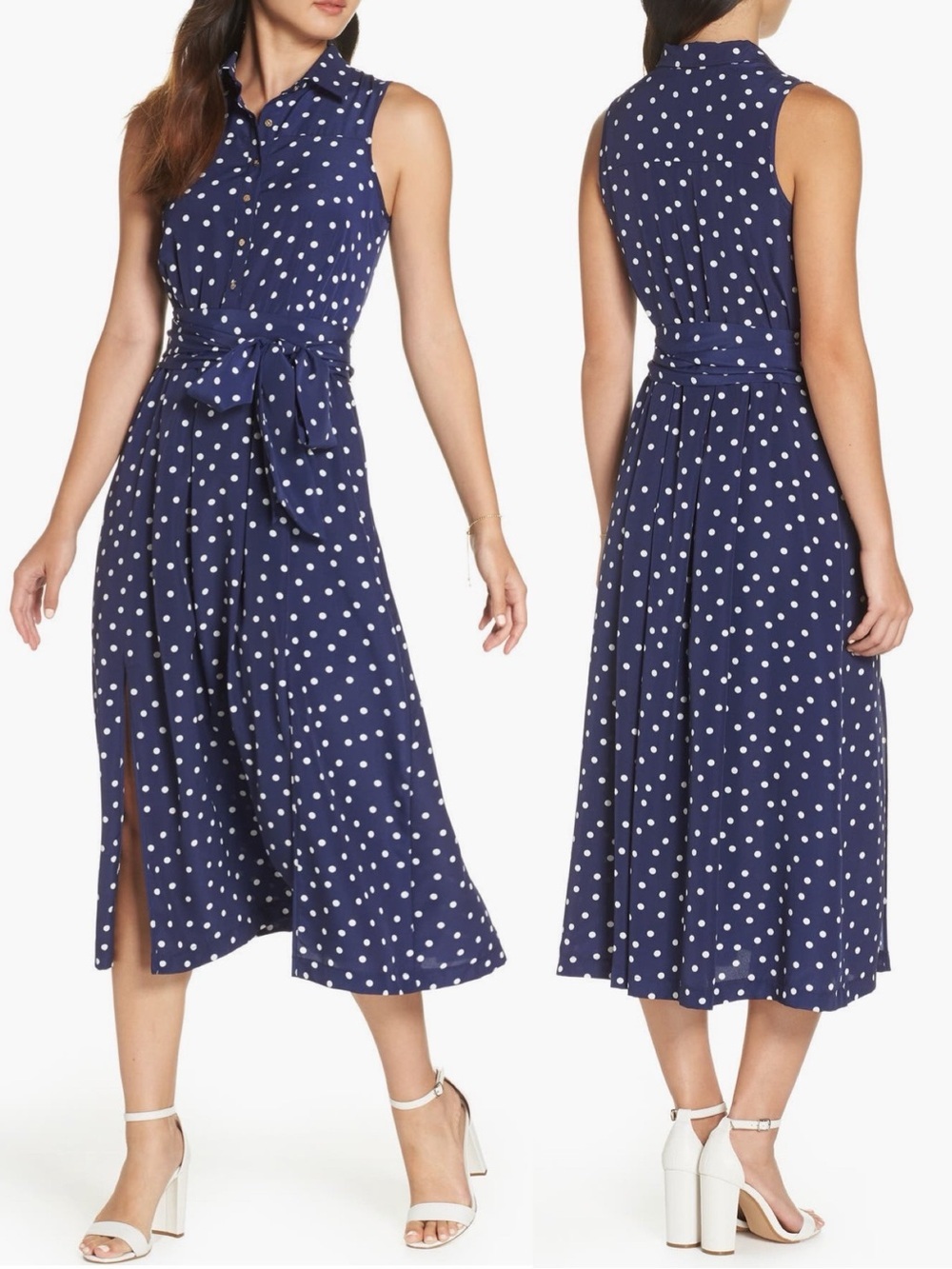 1901 Womens Navy White Polka Dot Sleeveless Tie Waist Button Up Midi Dress - Picture 8 of 9